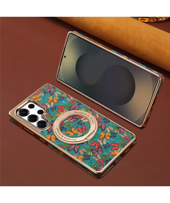 Coque Samsung Galaxy S25 Ultra Papillons avec Anneau-Support Doré