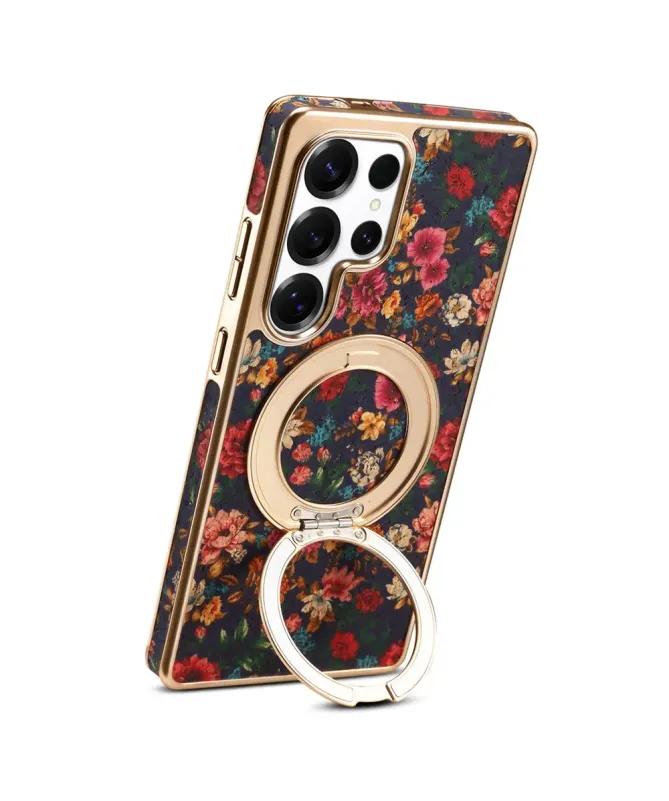 Coque Samsung Galaxy S25 Ultra Fleurs Vintage avec Anneau-Support Doré