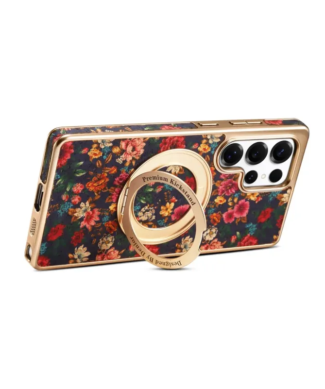 Coque Samsung Galaxy S25 Ultra Fleurs Vintage avec Anneau-Support Doré