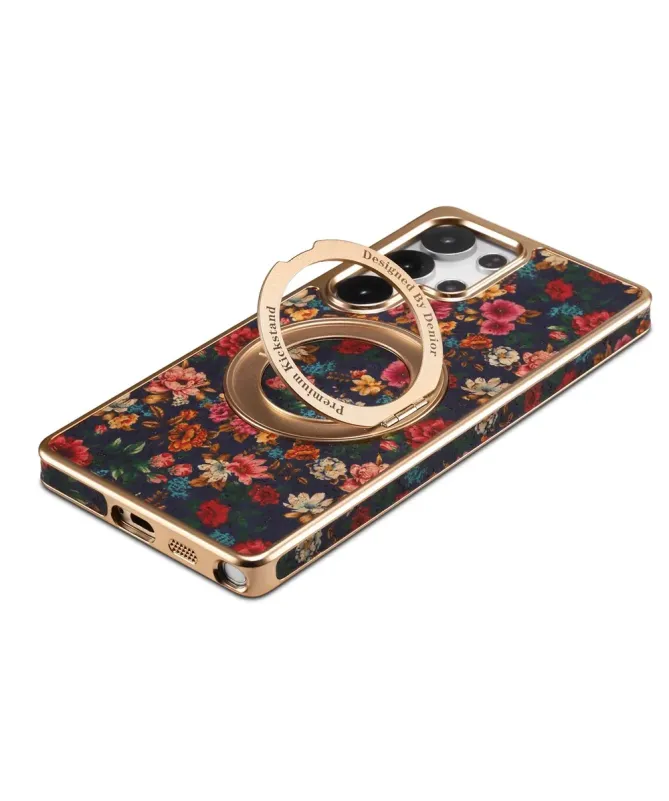 Coque Samsung Galaxy S25 Ultra Fleurs Vintage avec Anneau-Support Doré