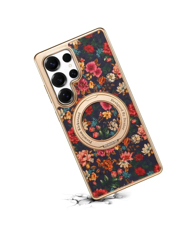 Coque Samsung Galaxy S25 Ultra Fleurs Vintage avec Anneau-Support Doré