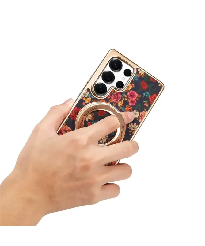 Coque Samsung Galaxy S25 Ultra Fleurs Vintage avec Anneau-Support Doré