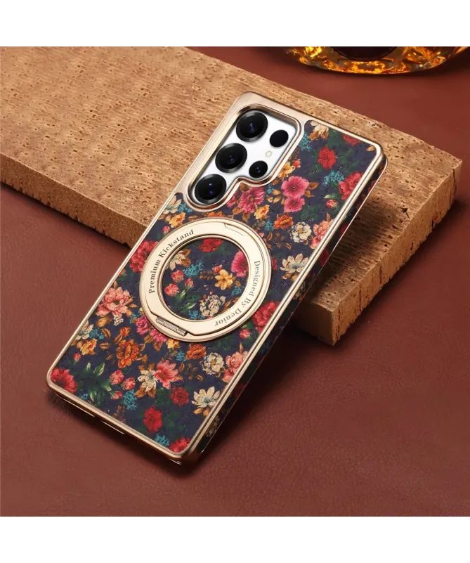 Coque Samsung Galaxy S25 Ultra Fleurs Vintage avec Anneau-Support Doré