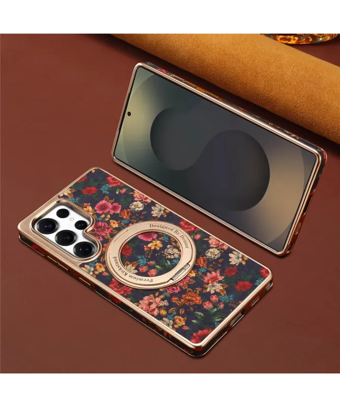 Coque Samsung Galaxy S25 Ultra Fleurs Vintage avec Anneau-Support Doré