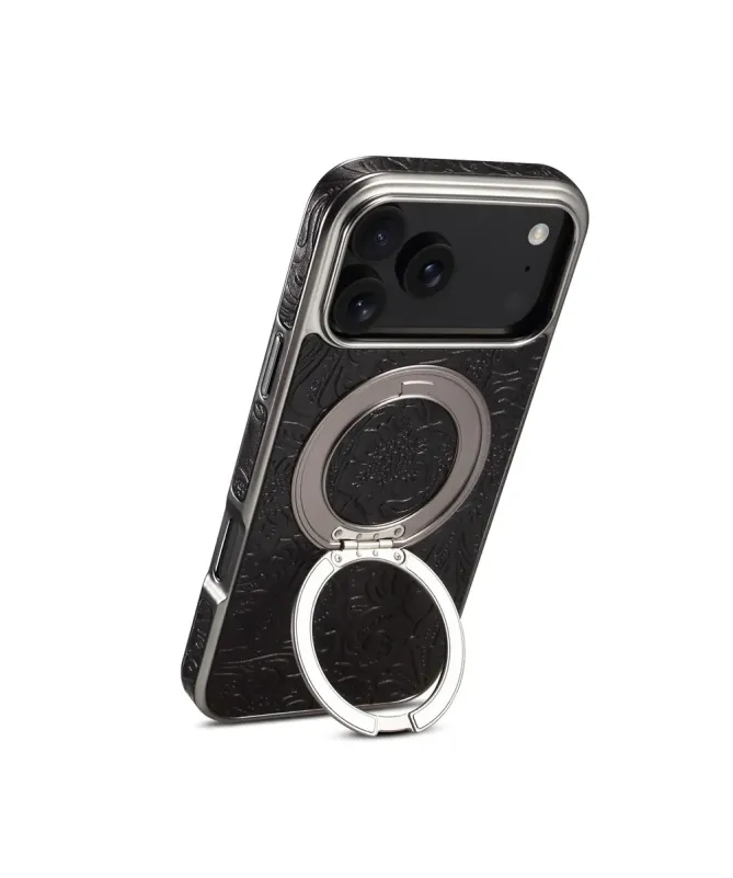 Coque iPhone 17 Pro Max Cuir Véritable MagSafe avec Anneau-Support
