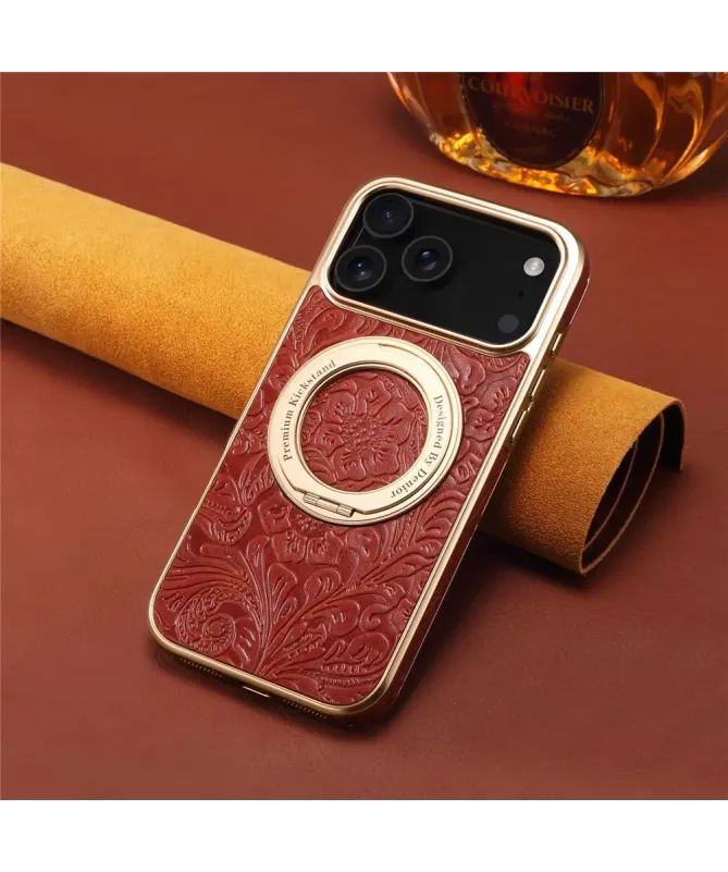 Coque iPhone 17 Pro Max Cuir Véritable MagSafe avec Anneau-Support