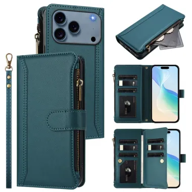 Housse iPhone 17 Pro Max avec Lanière | 9 Cartes à Fermeture Zippée Vert foncé - photo 13
