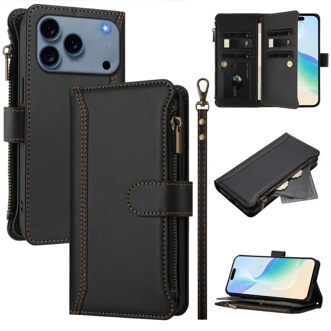 Housse iPhone 17 Pro avec Lanière | 9 Cartes à Fermeture Zippée