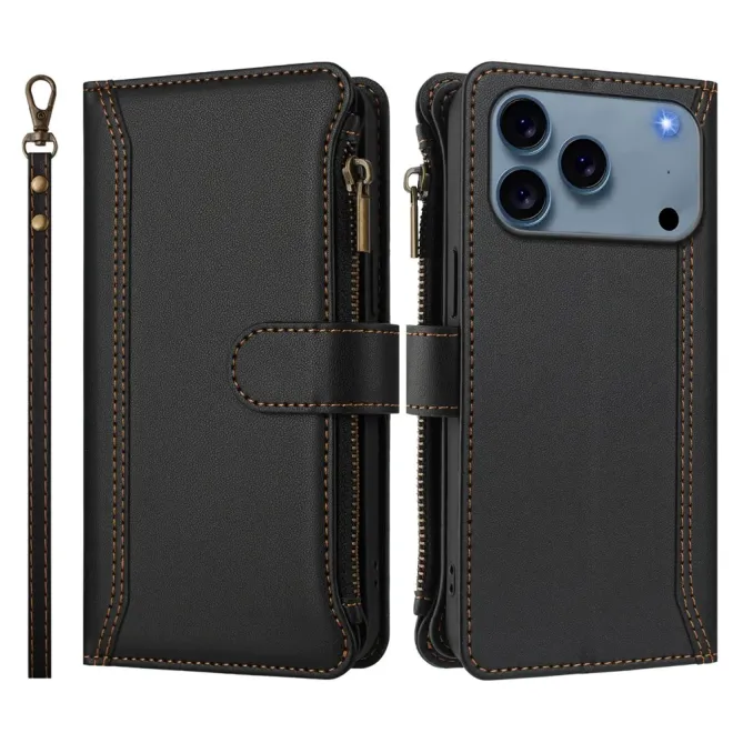 Housse iPhone 17 Pro avec Lanière | 9 Cartes à Fermeture Zippée