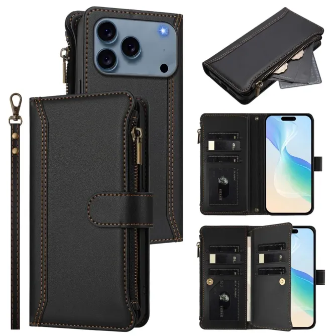 Housse iPhone 17 Pro avec Lanière | 9 Cartes à Fermeture Zippée