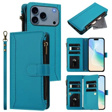 Housse iPhone 17 Pro avec Lanière | 9 Cartes à Fermeture Zippée Bleu clair - photo 18