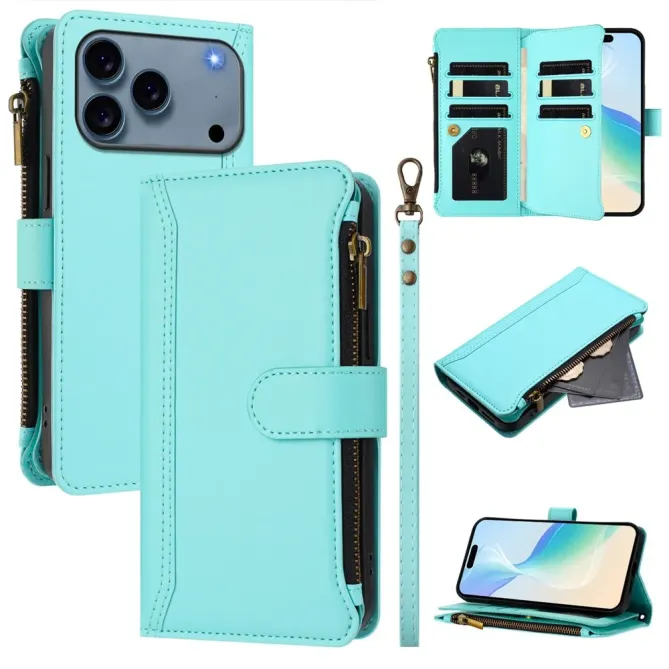 Housse iPhone 17 Pro avec Lanière | 9 Cartes à Fermeture Zippée