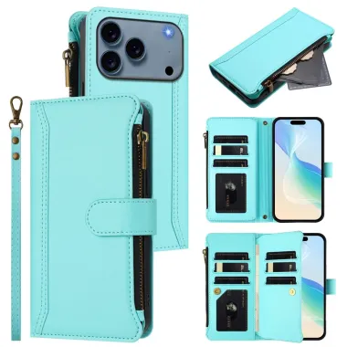 Housse iPhone 17 Pro avec Lanière | 9 Cartes à Fermeture Zippée Cyan - photo 23
