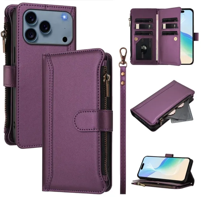 Housse iPhone 17 Pro avec Lanière | 9 Cartes à Fermeture Zippée