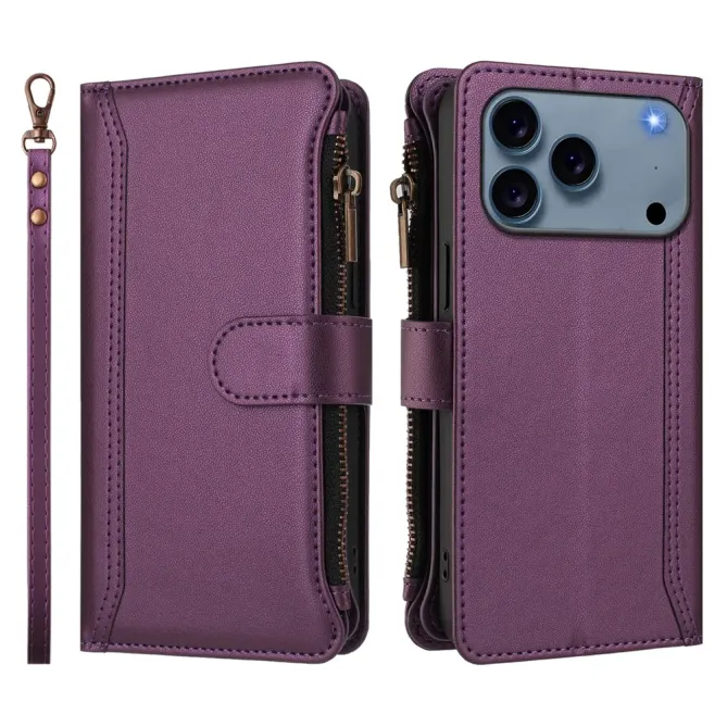 Housse iPhone 17 Pro avec Lanière | 9 Cartes à Fermeture Zippée