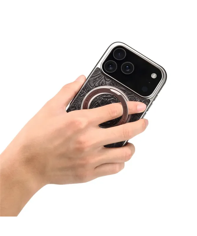 Coque iPhone 17 Pro Cuir Véritable MagSafe avec Anneau-Support