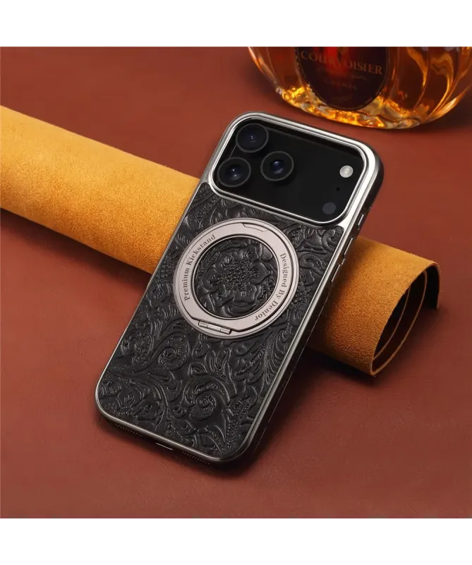 Coque iPhone 17 Pro Cuir Véritable MagSafe avec Anneau-Support