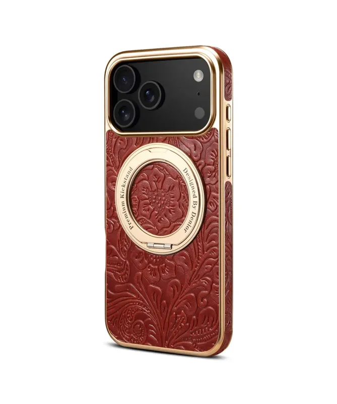 Coque iPhone 17 Pro Cuir Véritable MagSafe avec Anneau-Support