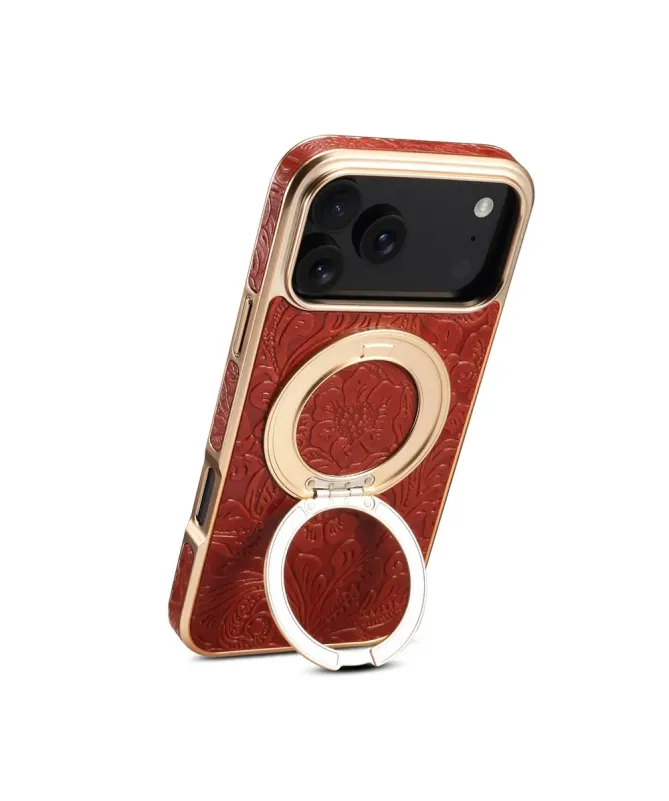 Coque iPhone 17 Pro Cuir Véritable MagSafe avec Anneau-Support