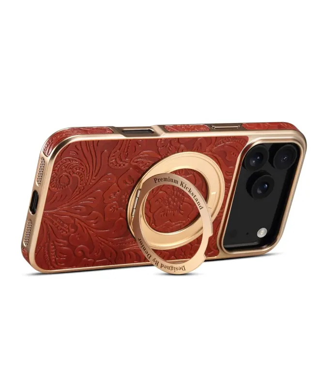 Coque iPhone 17 Pro Cuir Véritable MagSafe avec Anneau-Support