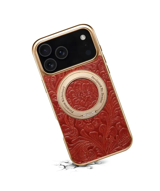 Coque iPhone 17 Pro Cuir Véritable MagSafe avec Anneau-Support