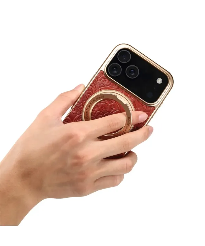 Coque iPhone 17 Pro Cuir Véritable MagSafe avec Anneau-Support