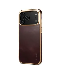 Coque iPhone 17 Pro Cuir Ciré et Contours Dorés