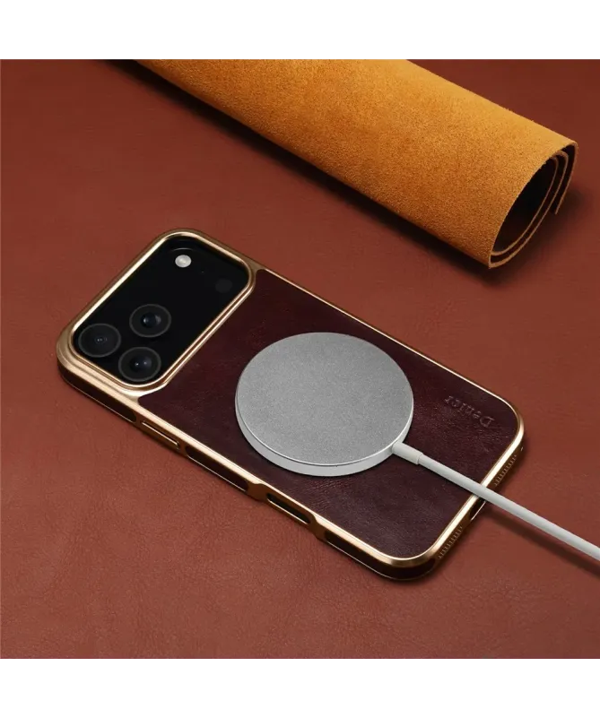 Coque iPhone 17 Pro Cuir Ciré et Contours Dorés