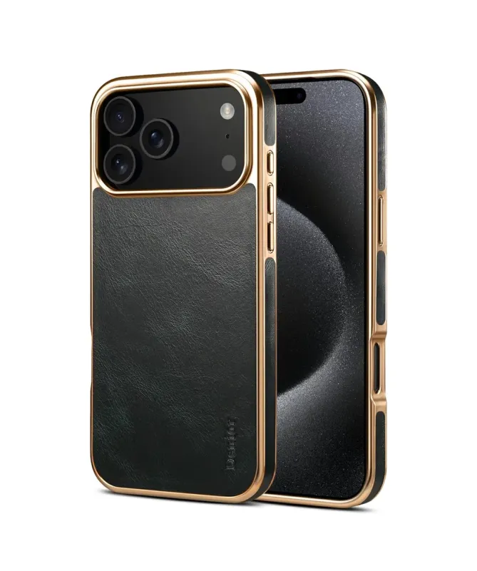 Coque iPhone 17 Pro Cuir Ciré et Contours Dorés