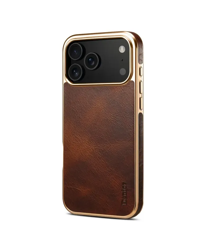 Coque iPhone 17 Pro Cuir Ciré et Contours Dorés