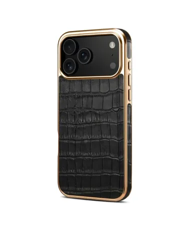 Coque iPhone 17 Pro Crocodile Luxe en Cuir Véritable Doré