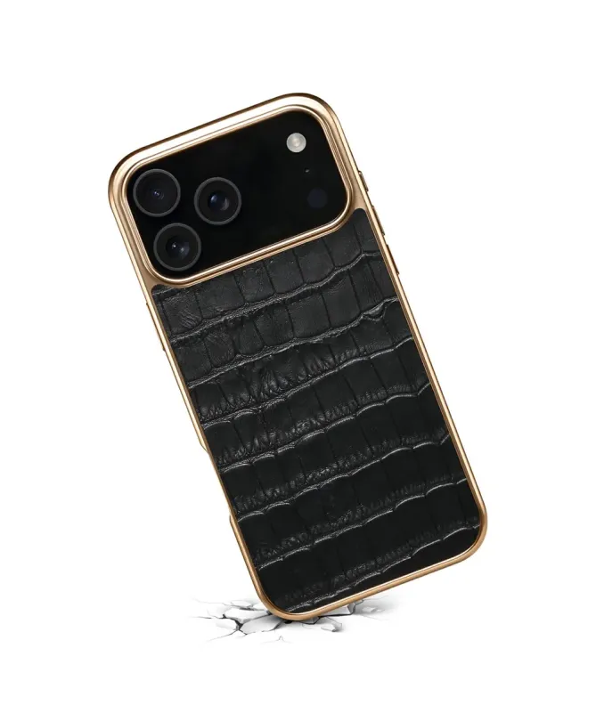 Coque iPhone 17 Pro Crocodile Luxe en Cuir Véritable Doré