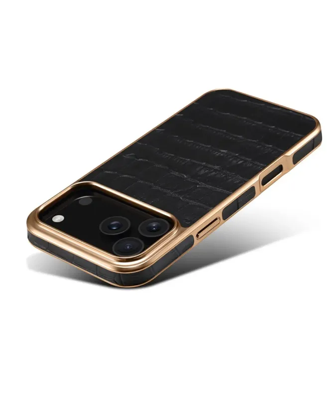 Coque iPhone 17 Pro Crocodile Luxe en Cuir Véritable Doré