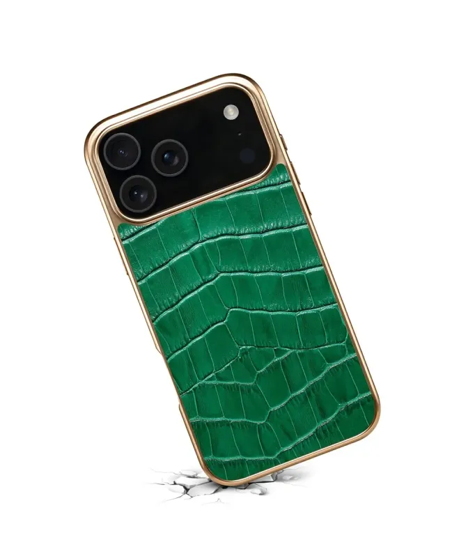 Coque iPhone 17 Pro Crocodile Luxe en Cuir Véritable Doré