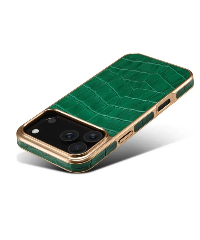 Coque iPhone 17 Pro Crocodile Luxe en Cuir Véritable Doré