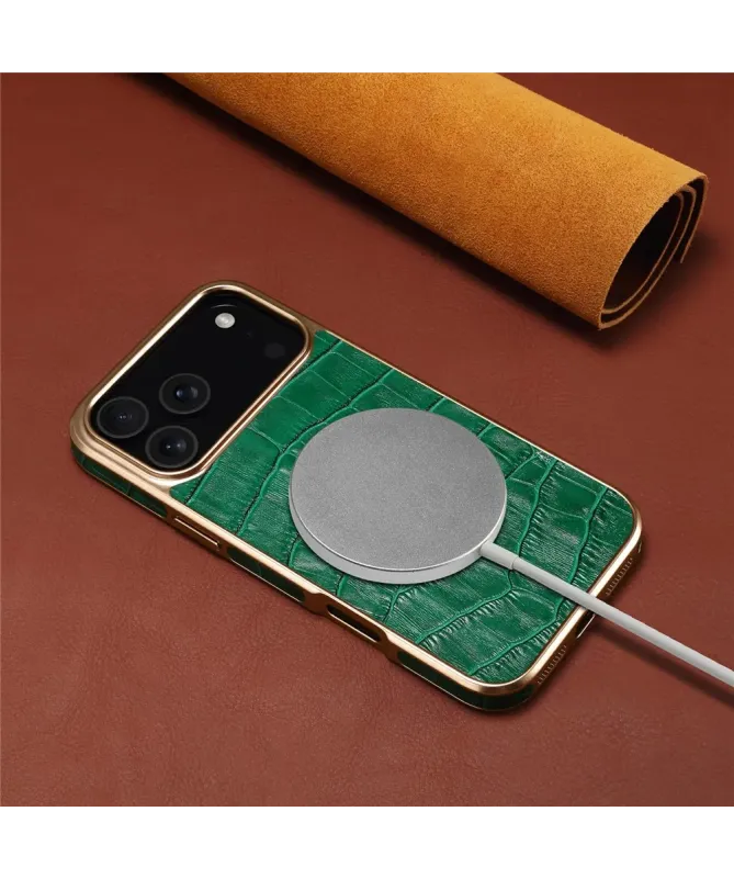 Coque iPhone 17 Pro Crocodile Luxe en Cuir Véritable Doré