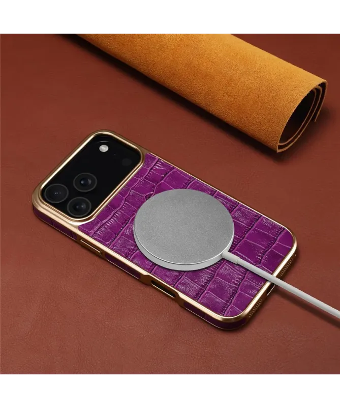 Coque iPhone 17 Pro Crocodile Luxe en Cuir Véritable Doré