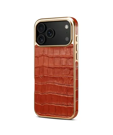 Coque iPhone 17 Pro Crocodile Luxe en Cuir Véritable Doré Marron Clair - photo 20