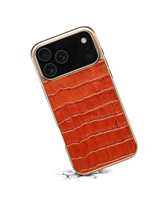 Coque iPhone 17 Pro Crocodile Luxe en Cuir Véritable Doré