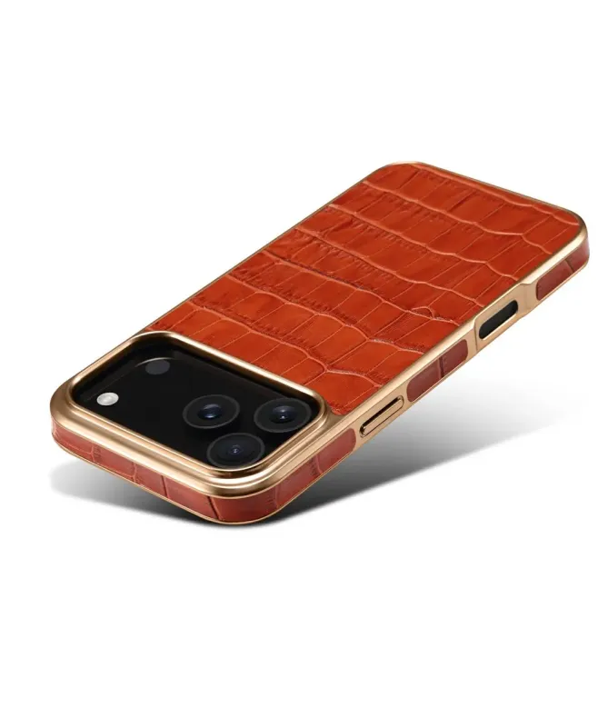 Coque iPhone 17 Pro Crocodile Luxe en Cuir Véritable Doré