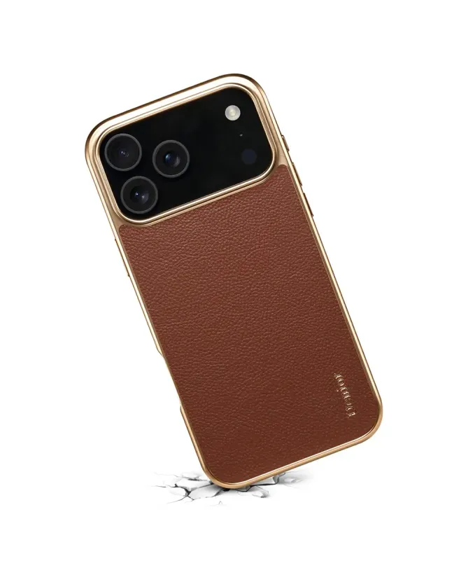 Coque iPhone 17 Pro "Prestige" en Cuir Véritable Doré