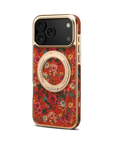 Coque iPhone 17 Pro "Bouquet Écarlate" avec Anneau-Support Doré