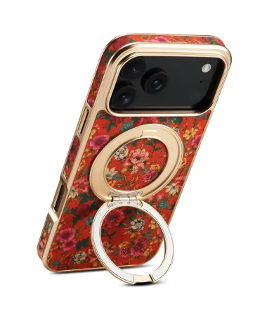 Coque iPhone 17 Pro "Bouquet Écarlate" avec Anneau-Support Doré