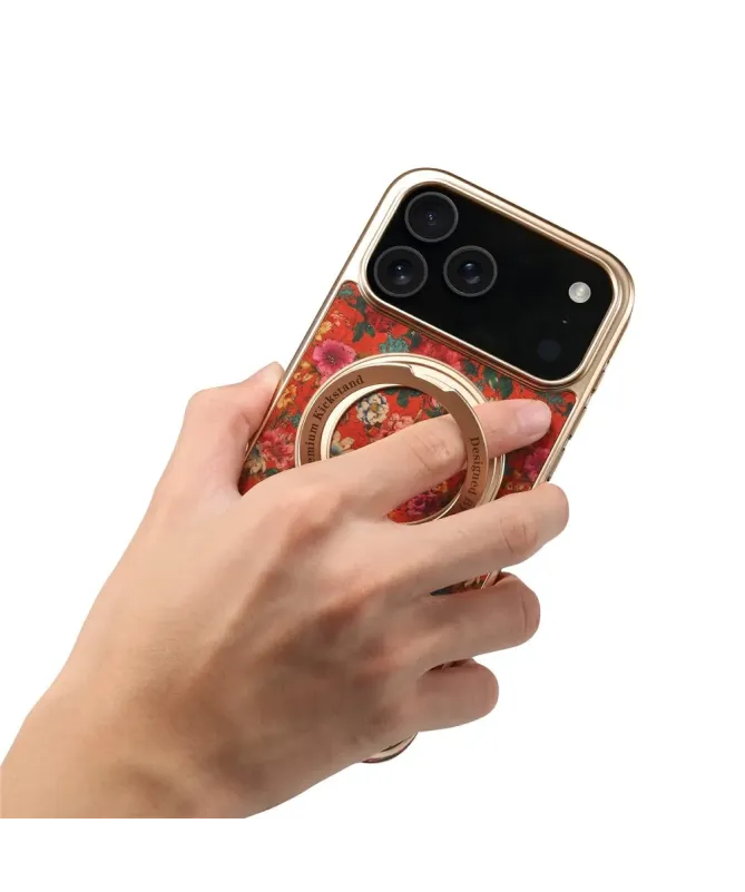 Coque iPhone 17 Pro "Bouquet Écarlate" avec Anneau-Support Doré