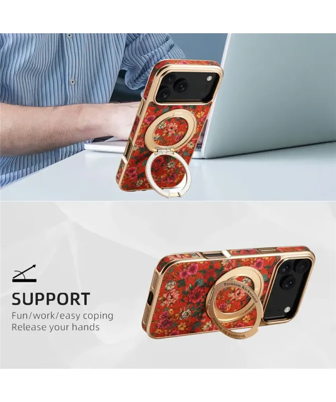 Coque iPhone 17 Pro "Bouquet Écarlate" avec Anneau-Support Doré