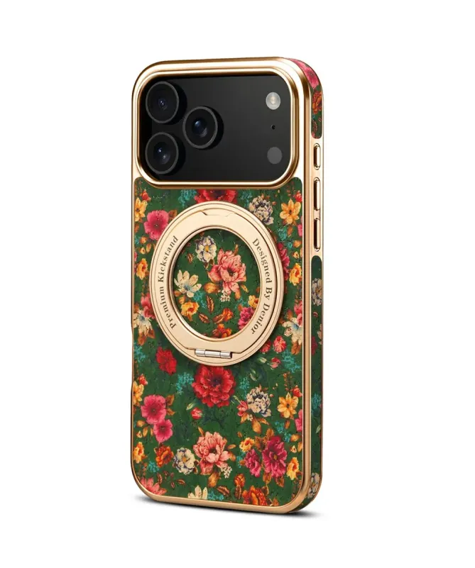 Coque iPhone 17 Pro "Jardin Anglais" avec Anneau-Support Doré