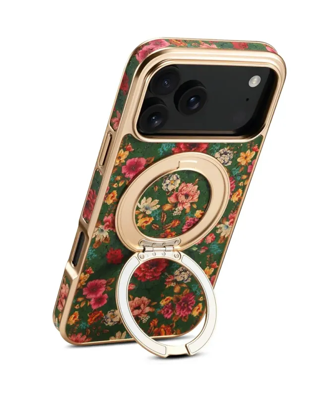 Coque iPhone 17 Pro "Jardin Anglais" avec Anneau-Support Doré