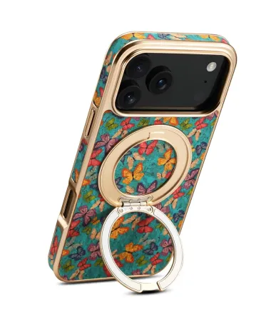 Coque iPhone 17 Pro "Papillons" avec Anneau-Support Doré