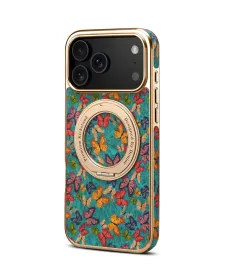 Coque iPhone 17 Pro "Papillons" avec Anneau-Support Doré