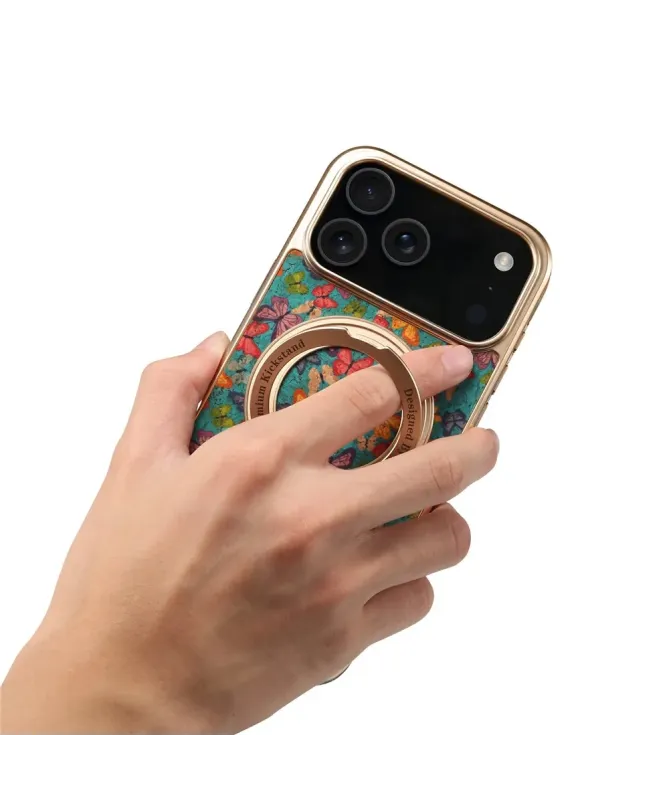 Coque iPhone 17 Pro "Papillons" avec Anneau-Support Doré